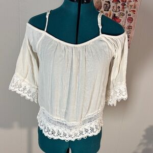 American Eagle Outfitters White Lace Peasant Blouse Off Shoulder
